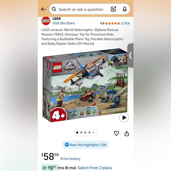 LEGO Jurassic World Velociraptor: Biplane Rescue Mission 75942; New in Box - Picture 6 of 6